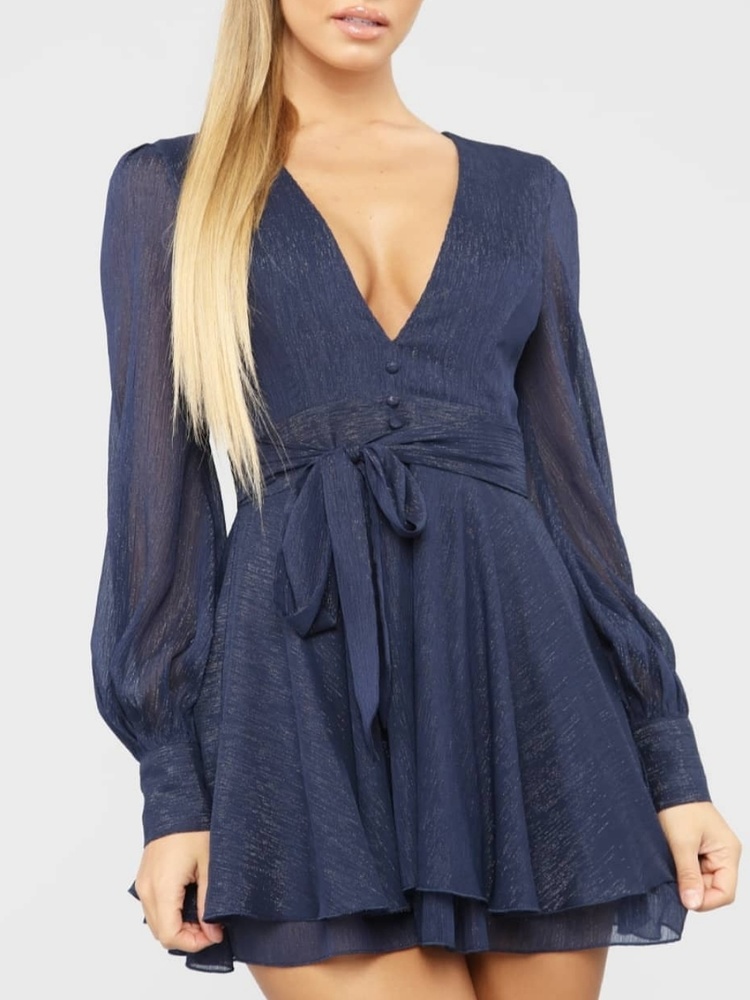 Fashion Nova navy metallic long sleeved romper (shorts)